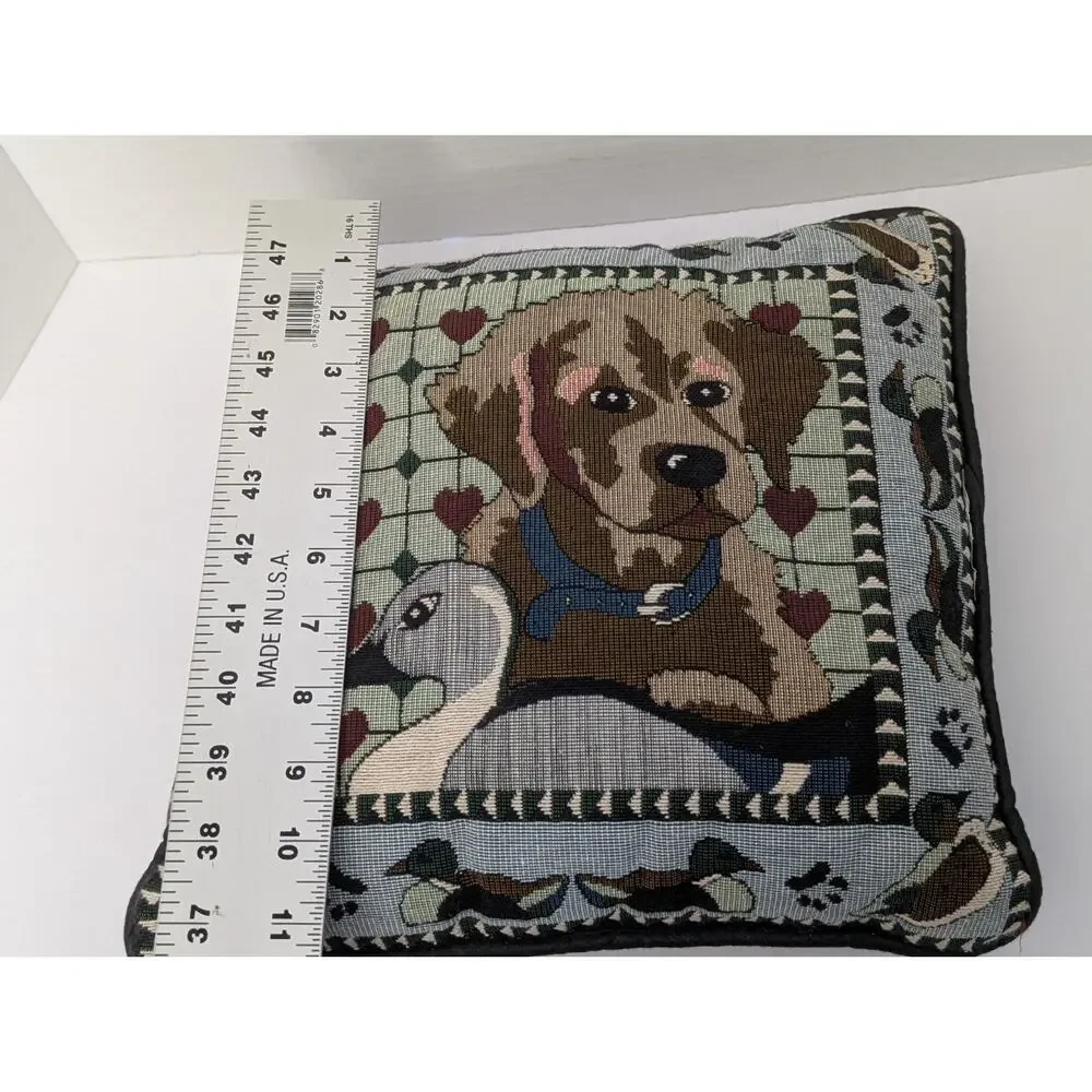 Vintage Puppy and Duck Needlepoint Pillow Heart Border Paw Prints Padded Edging